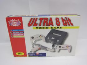 An Ultra 8-bit video game console with 84 in 1 game cartridge, includes two controllers and a