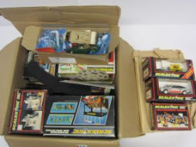 Assorted Scalextric slot racing items including boxed C362 Police Car with roof light and C286