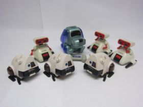 Six Tomy battery operated toy robots to include 'My Robot OMS-B' (x3) and 'Spotbot' (x3, one missing