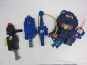 A group of vintage playworn Ghostbuster toys including Proton Pack, Ghostpopper, PKE Metre and