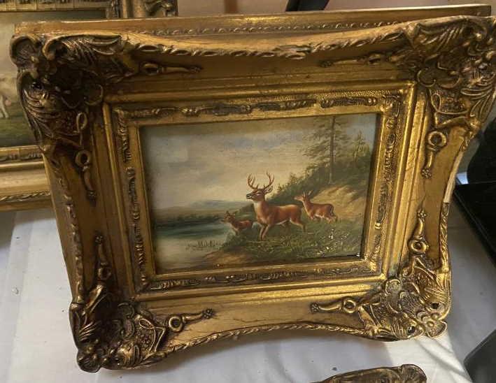 3 ormalu gilt framed pictures of Stags & cattle - 17cm x 12cm, frame - 25cm x 30cm - Image 3 of 4