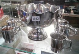 Silver plated punch bowl with 6 tankards