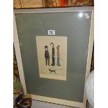 A framed and glazed signed L S Lowry exhibition print with stamps.