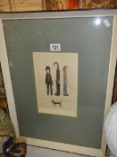 A framed and glazed signed L S Lowry exhibition print with stamps.