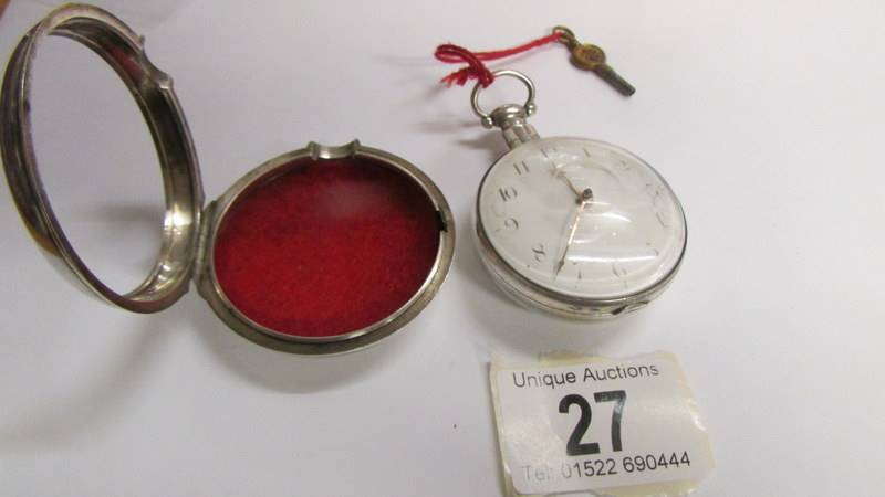 A pocket watch/matching pair case/crown & verge/with key, silver London 1771, bullseye glass, - Image 3 of 10