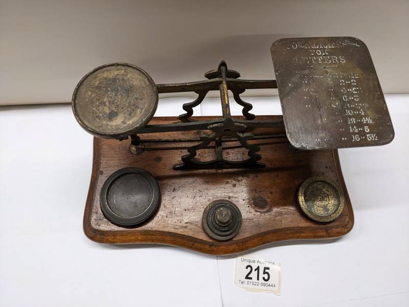 A set of Victorian brass postal scales with weights, - Image 2 of 3