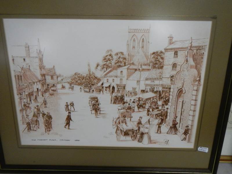 A set of 4 x pen & ink works in sepia tones with gouache highlights of late 19th Century Grimsby. - Image 6 of 6