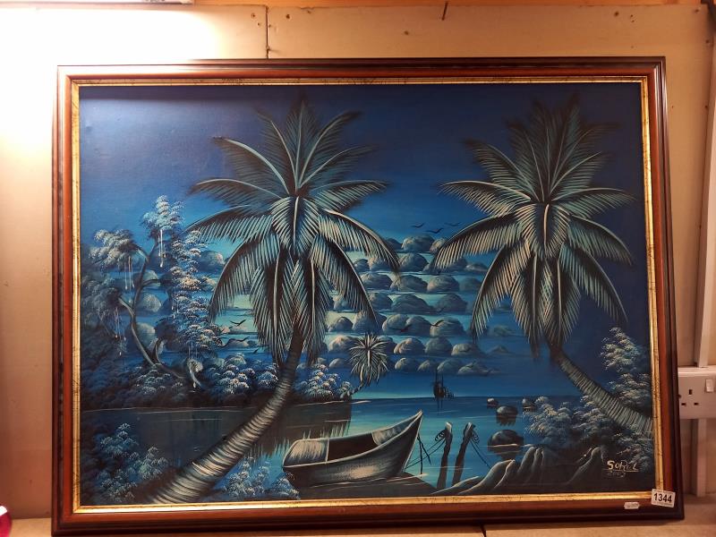 A large blue oriental style painting on board signed Sorel 2002