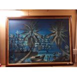 A large blue oriental style painting on board signed Sorel 2002