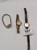 Two 9ct gold ladies wrist watches on plated straps and another ladies gold wrist watch.