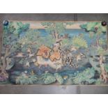 A large unframed painting on canvas of frogs playing on land surrounded by water by IMD Beneh