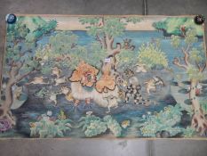 A large unframed painting on canvas of frogs playing on land surrounded by water by IMD Beneh