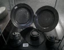 A quantity of pewter including inkwell