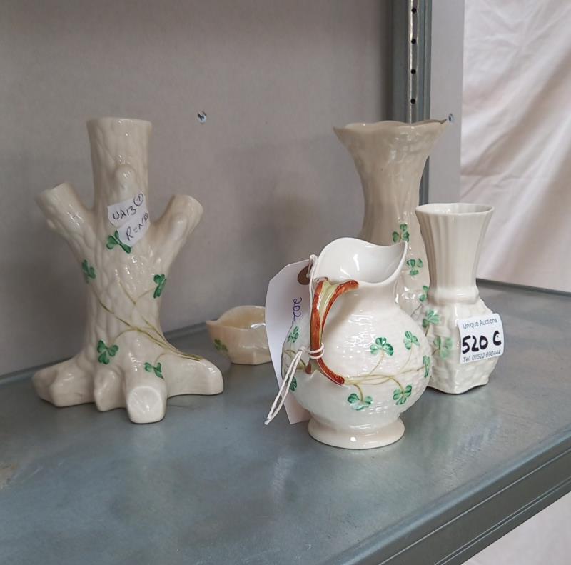 A collection of Irish Belleek porcelain, all marked with Belleek stamps (3 vases. 1 jug & a small - Image 2 of 3