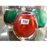 Three heavy glass retro style vases.