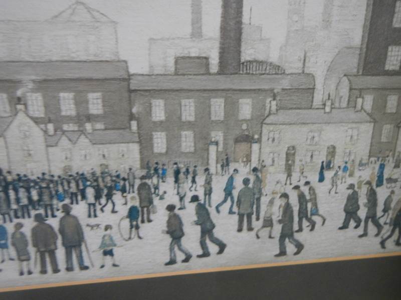 After L S Lowry circa 1970's print entitled 'Outside the Mill' with reflective glass. 62 x 42 cm. - Image 4 of 4