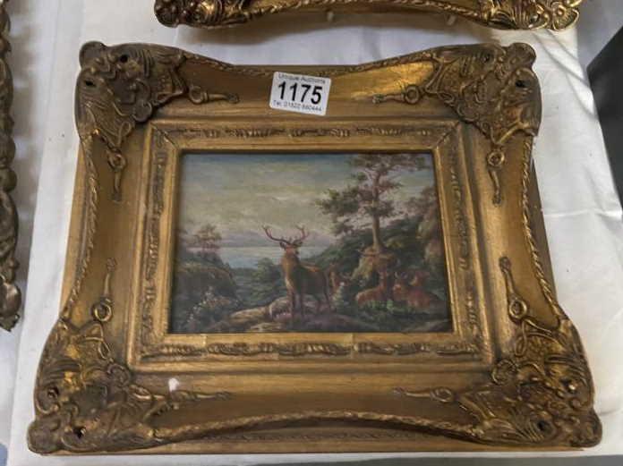 3 ormalu gilt framed pictures of Stags & cattle - 17cm x 12cm, frame - 25cm x 30cm - Image 2 of 4