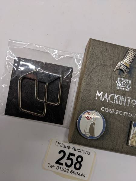 Three enamel Mackintosh collection pin badges and a Marcel Brewer badge of a table. - Image 3 of 3