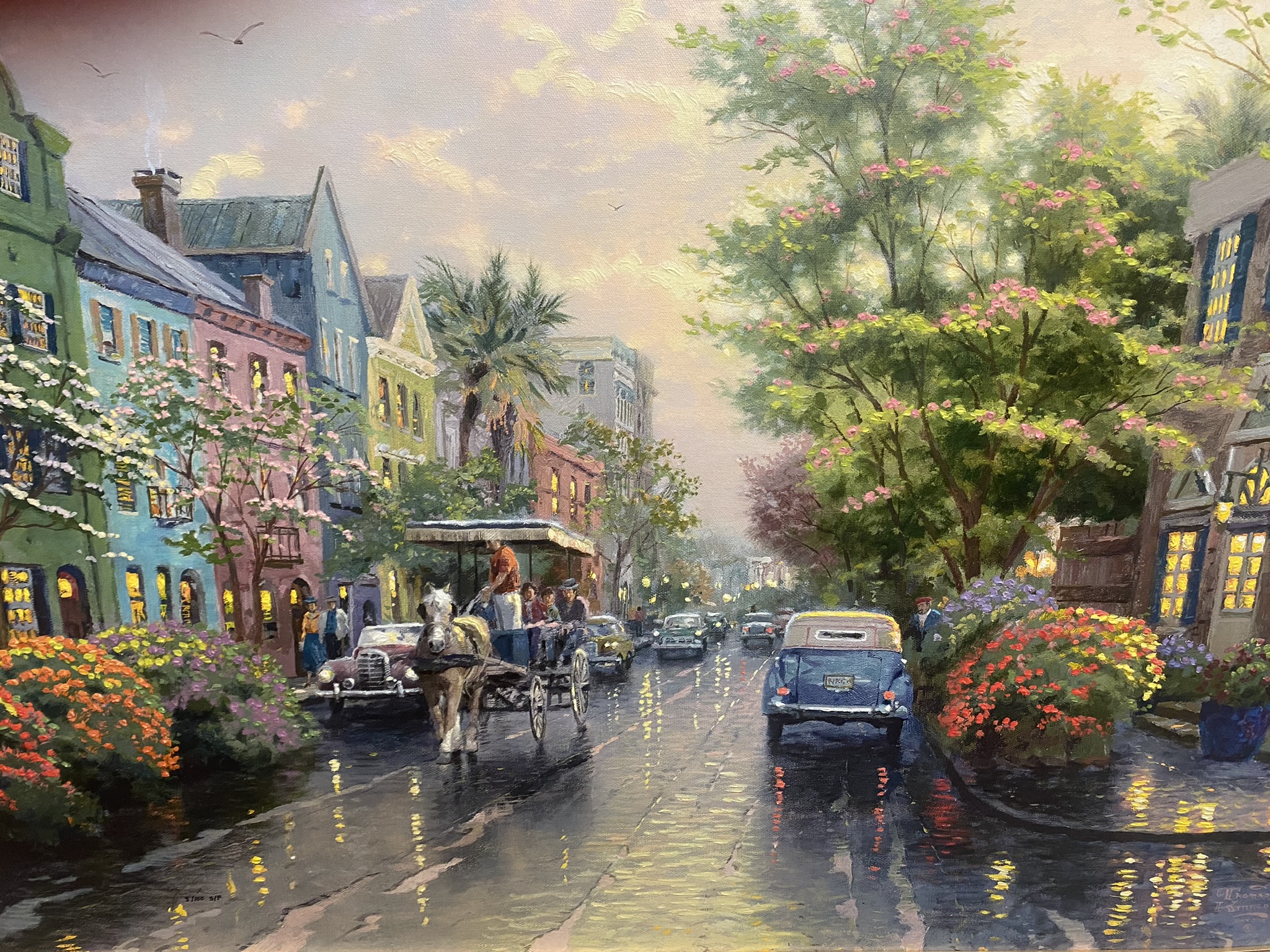 Thomas Kinkade Charleston, Sunset on Rainbow Row 3 / 100 S/P size 24” x 36” with drawing to reverse - Image 4 of 15