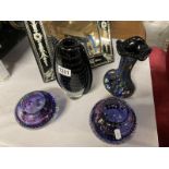 3 pieces of purple art glass vases & 1 other