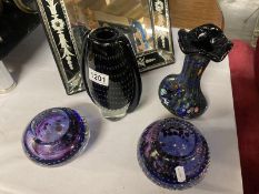 3 pieces of purple art glass vases & 1 other