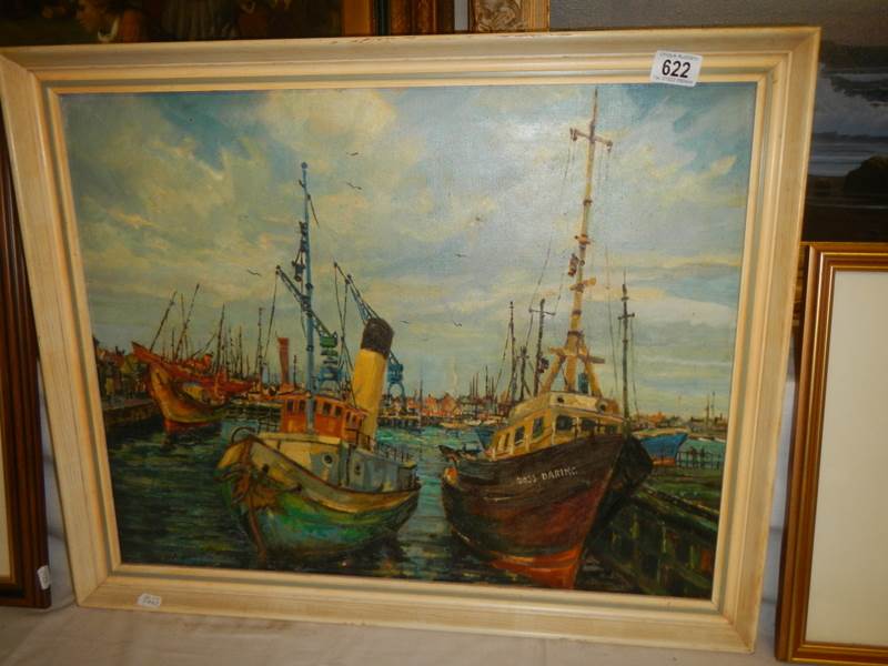 Oil on board painting depicting fishing boats in port, Grimsby (including the Ross Daring) signed - Image 2 of 5