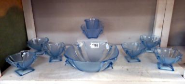 An art deco blue glass fruit bowl dessert set