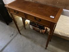 An antique style walnut side/wall table with 2 drawers - 77cm x 28cm x 76cm high