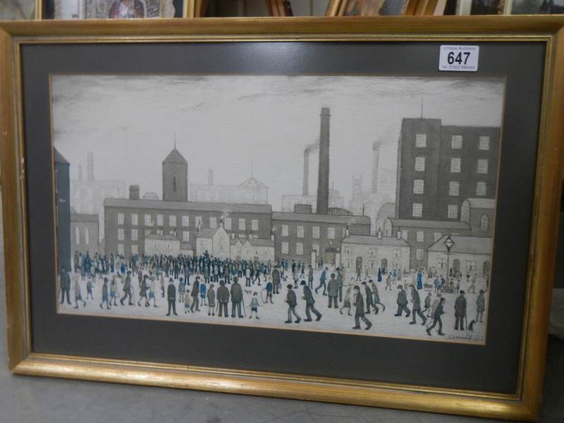 After L S Lowry circa 1970's print entitled 'Outside the Mill' with reflective glass. 62 x 42 cm. - Image 2 of 4