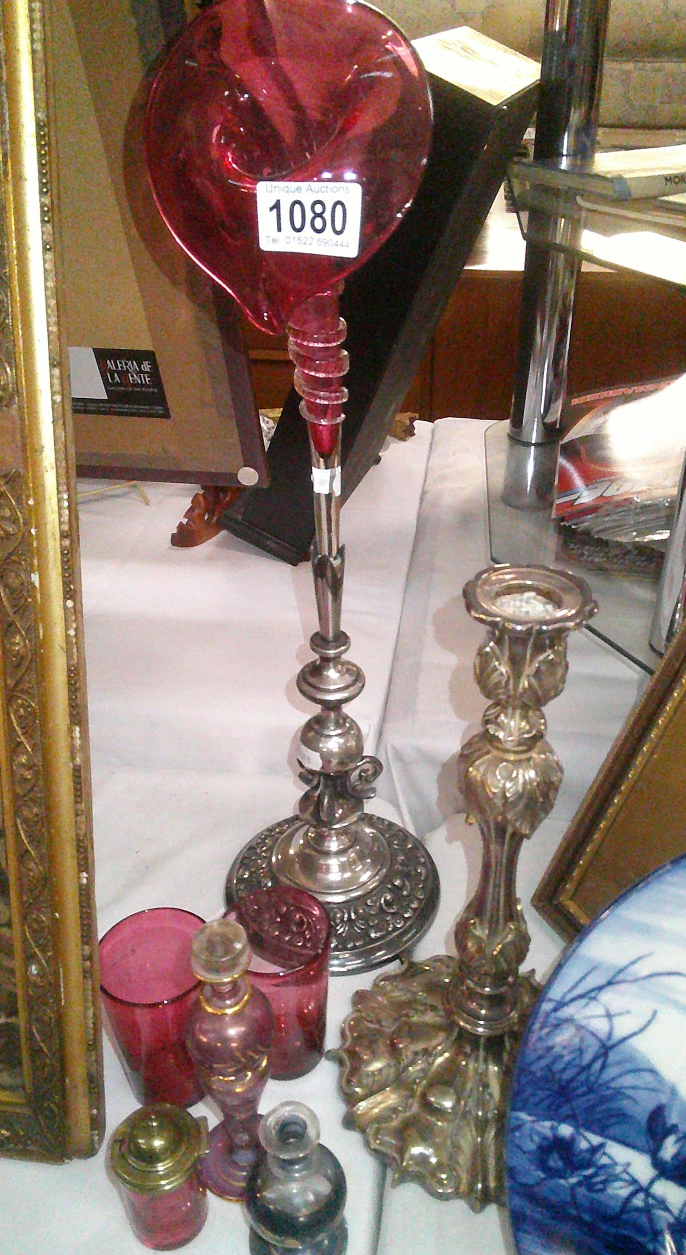 A victorian cranberry glass jack in the pulpitepergne on silver plated stand, along with perfume