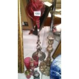 A victorian cranberry glass jack in the pulpitepergne on silver plated stand, along with perfume