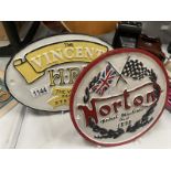 Cast iron Vincent and Norton motorcycle wall plaques