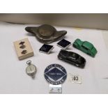 Two Riley Motor Club grill badges, a Riley Register car badge and pair of cuff links, pin badge,