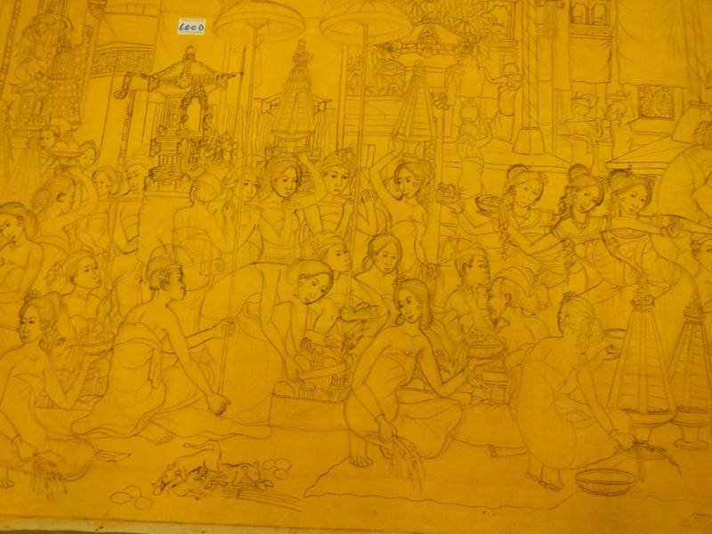 A large unframed drawing on canvas ready to be painted of men and women in a market square - Image 5 of 15