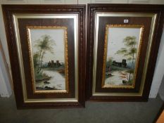 A pair of oak framed and glazed paintings on opaque glass, 70 x 100 cm.