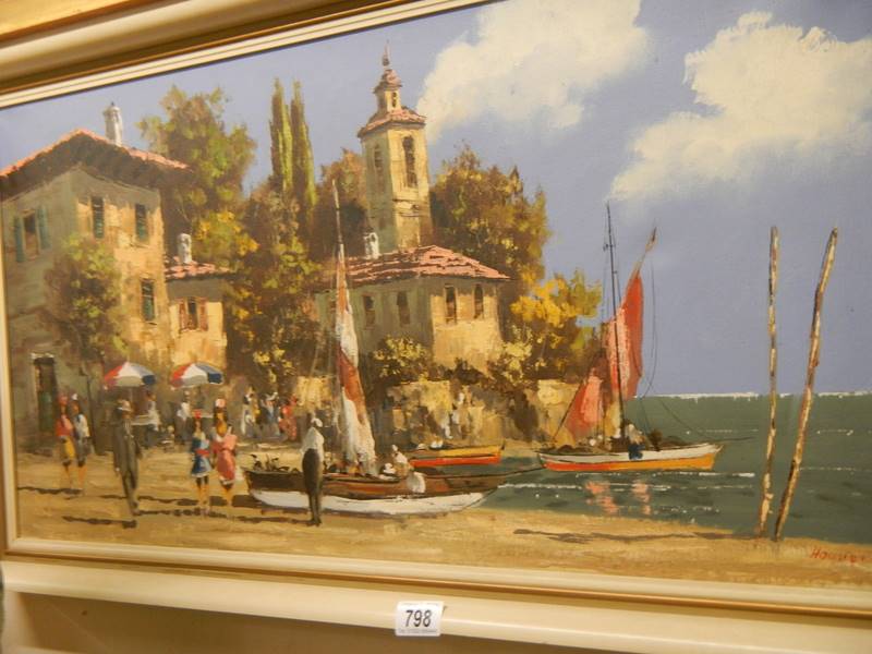 An original oil painting of a beach scene by Henry Housier. - Image 2 of 4