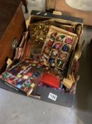 A large box of vintage Christmas decorations including fairy lights