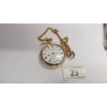 A Waltham pocket watch and chain, gold filled case, 50mm diameter, white dial, in working order.