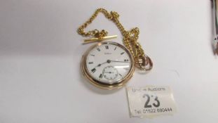 A Waltham pocket watch and chain, gold filled case, 50mm diameter, white dial, in working order.