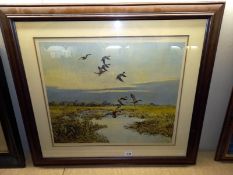 A large framed print of waterfowl in flight (COLLECT ONLY.)