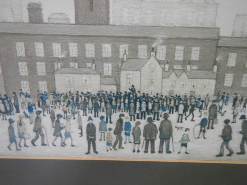 After L S Lowry circa 1970's print entitled 'Outside the Mill' with reflective glass. 62 x 42 cm. - Image 3 of 4