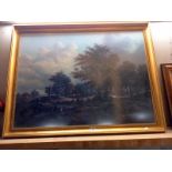A large gilt framed wood scene 102cm x 86cm. (COLLECT ONLY.)