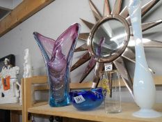 A studio glass bowl, studio glass vase and two other glass items.