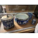 A vintage Wedgwood blue jasperware fruit bowl & biscuit barrel with plated fittings, a tankard &