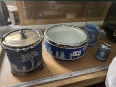 A vintage Wedgwood blue jasperware fruit bowl & biscuit barrel with plated fittings, a tankard &