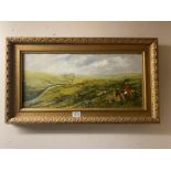 A gilt frame oil on board of hunting scene on Moorland, A E Webster, dated 1980 - 73cm x 41cm