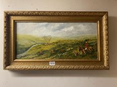 A gilt frame oil on board of hunting scene on Moorland, A E Webster, dated 1980 - 73cm x 41cm