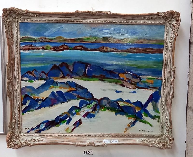 A framed Scottish school oil on board entitled 'On the shore, Iona' - 59cm x 49cm COLLECT ONLY