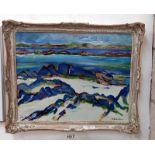 A framed Scottish school oil on board entitled 'On the shore, Iona' - 59cm x 49cm COLLECT ONLY