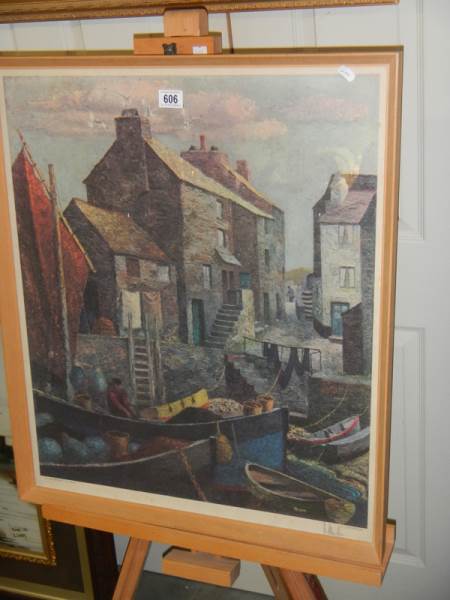 A framed and glazed print entitled 'The Yellow Boat Polperro' by Tom Morton, 65 x 77 cm.